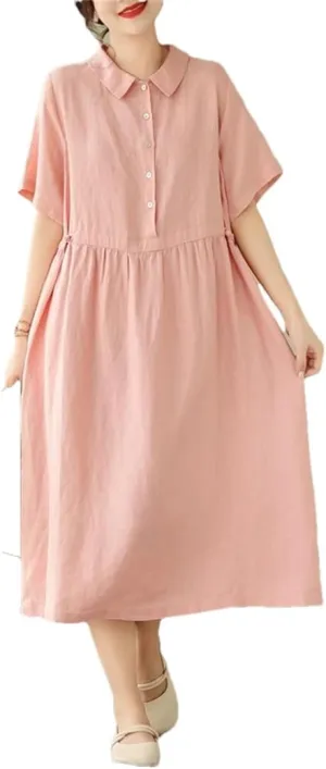 Women Summer Single-Breasted Cotton Dresses High Waist Slim Office Lady Midi Dress