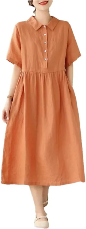 Women Summer Single-Breasted Cotton Dresses High Waist Slim Office Lady Midi Dress