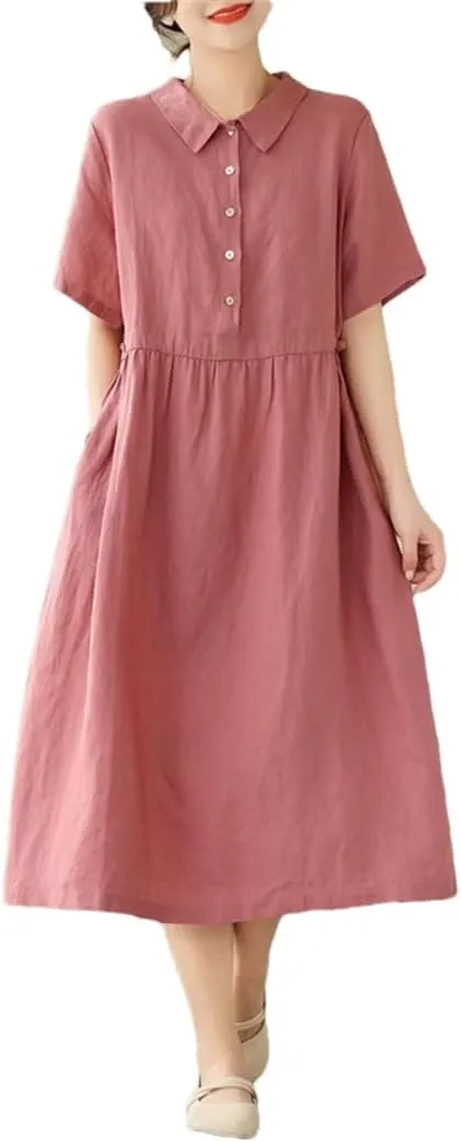 Women Summer Single-Breasted Cotton Dresses High Waist Slim Office Lady Midi Dress