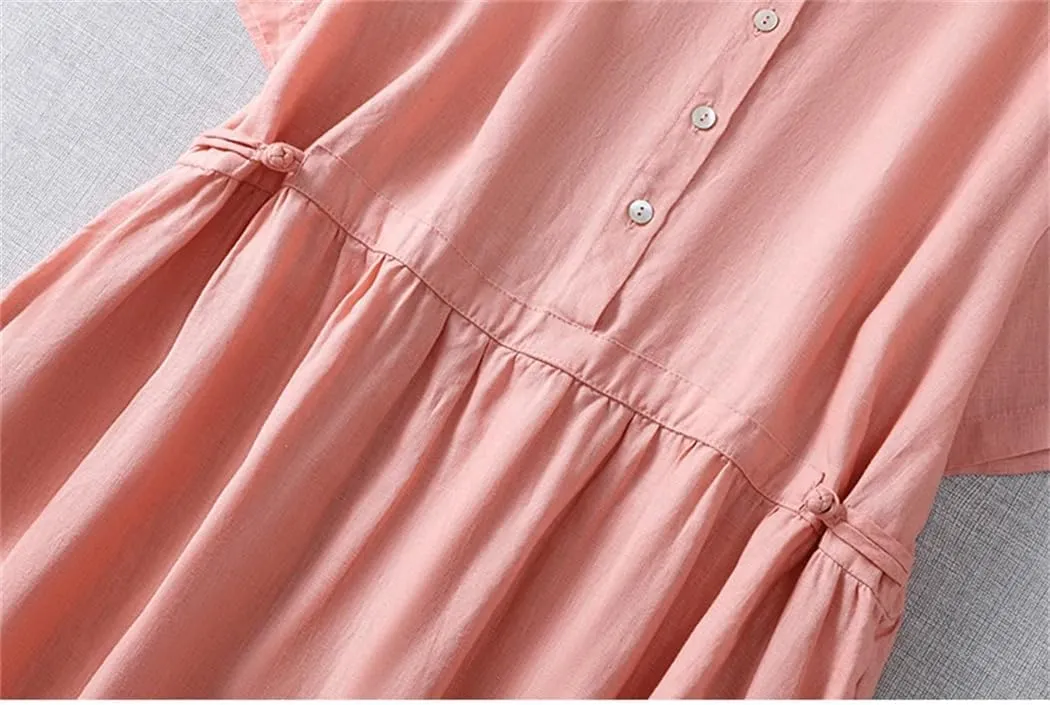 Women Summer Single-Breasted Cotton Dresses High Waist Slim Office Lady Midi Dress