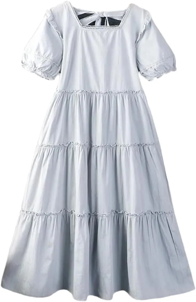 Women Summer Solid Color O-Neck Dress Short Sleeve Casual Loose Midi Dress