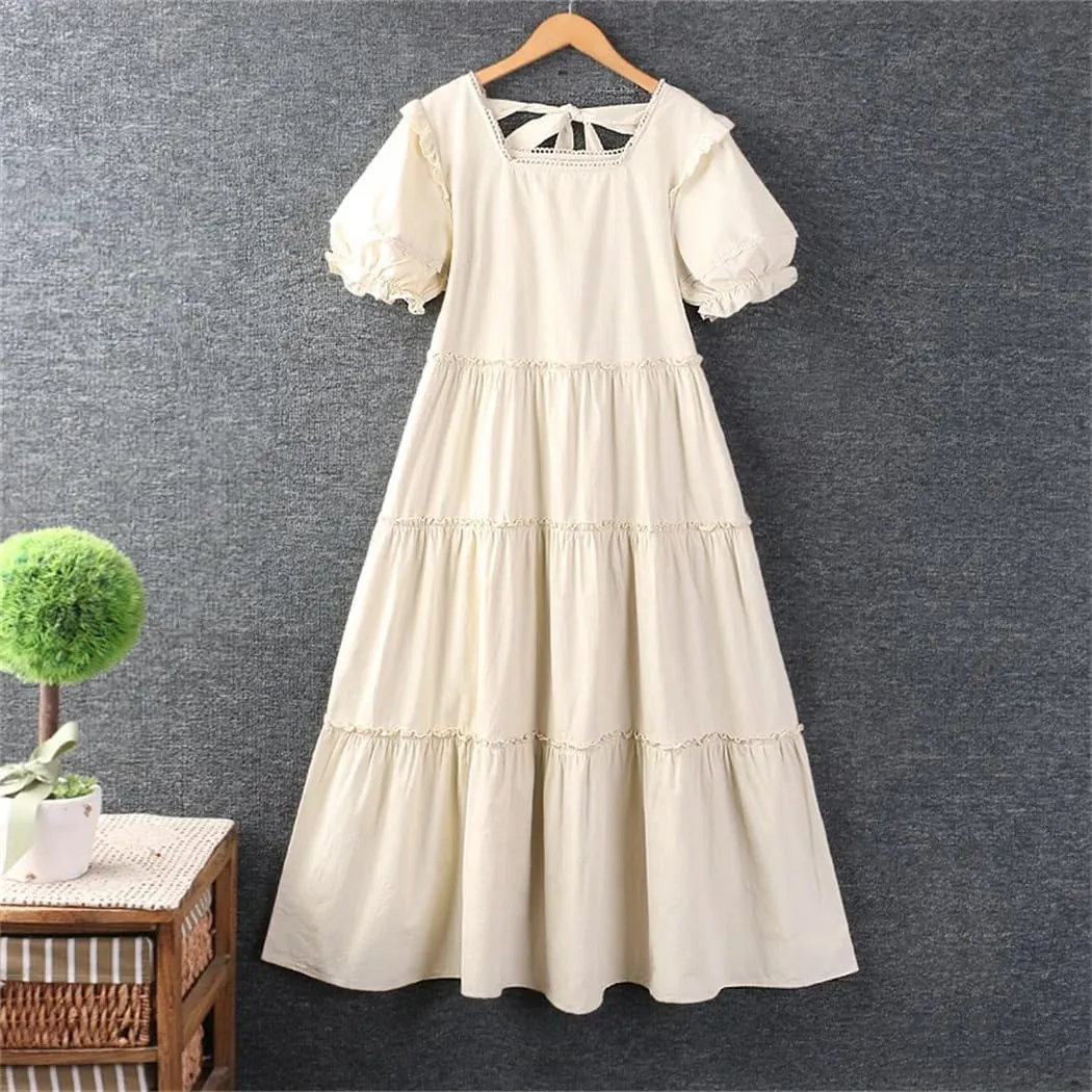 Women Summer Solid Color O-Neck Dress Short Sleeve Casual Loose Midi Dress