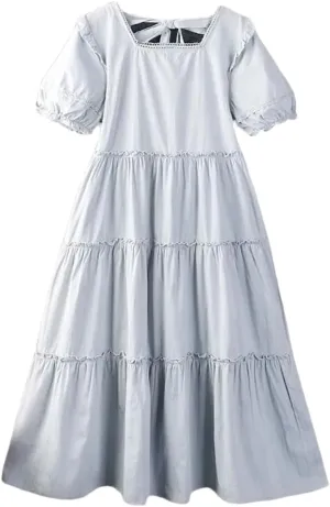 Women Summer Solid Color O-Neck Dress Short Sleeve Casual Loose Midi Dress