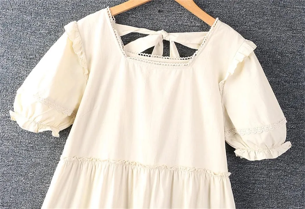 Women Summer Solid Color O-Neck Dress Short Sleeve Casual Loose Midi Dress