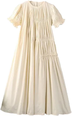 Women Summer Solid Color Round Collar Short Sleeve Dress Loose Cotton Casual Dress