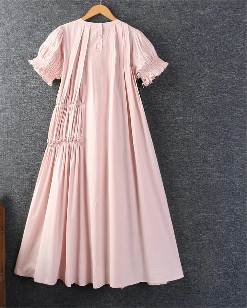 Women Summer Solid Color Round Collar Short Sleeve Dress Loose Cotton Casual Dress