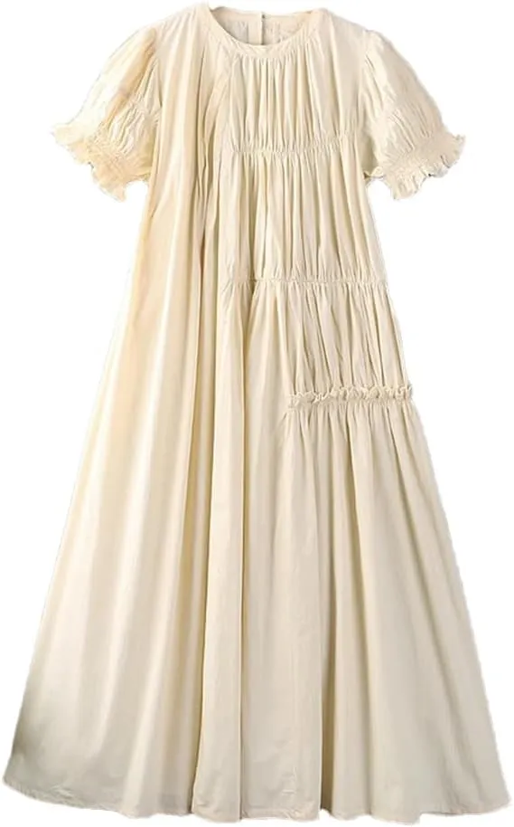 Women Summer Solid Color Round Collar Short Sleeve Dress Loose Cotton Casual Dress