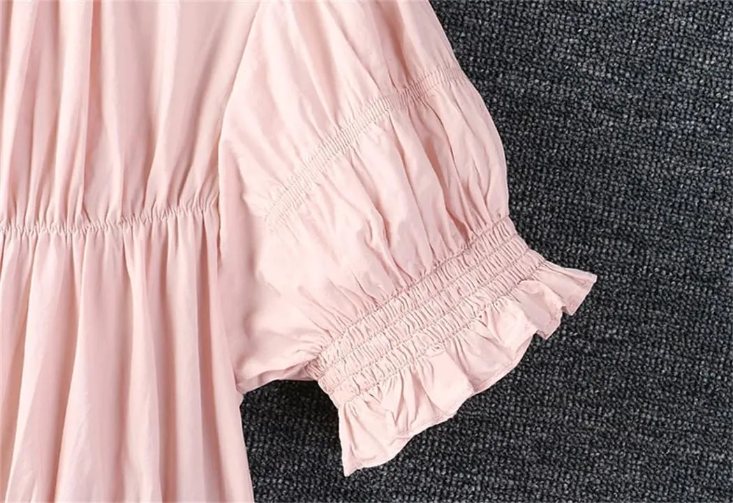 Women Summer Solid Color Round Collar Short Sleeve Dress Loose Cotton Casual Dress