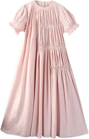 Women Summer Solid Color Round Collar Short Sleeve Dress Loose Cotton Casual Dress