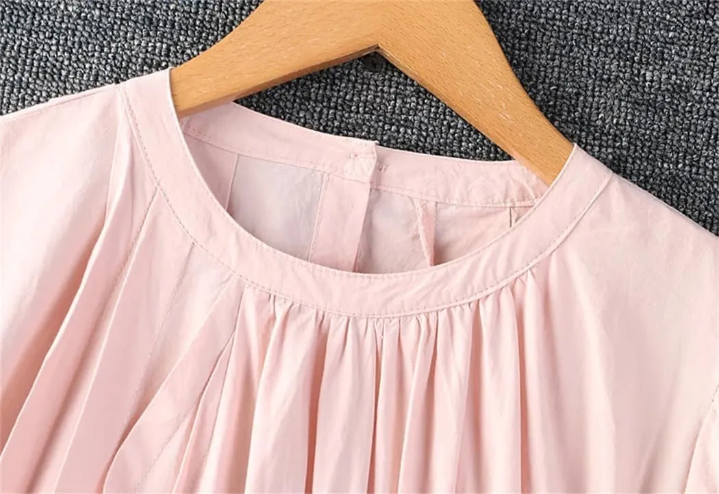 Women Summer Solid Color Round Collar Short Sleeve Dress Loose Cotton Casual Dress