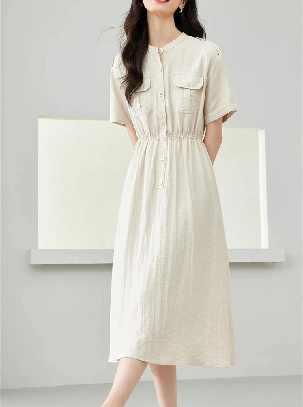 Women Summer Solid Dress Round Neck Casual Lady Office Midi A-Line Elastic Waist Dresses