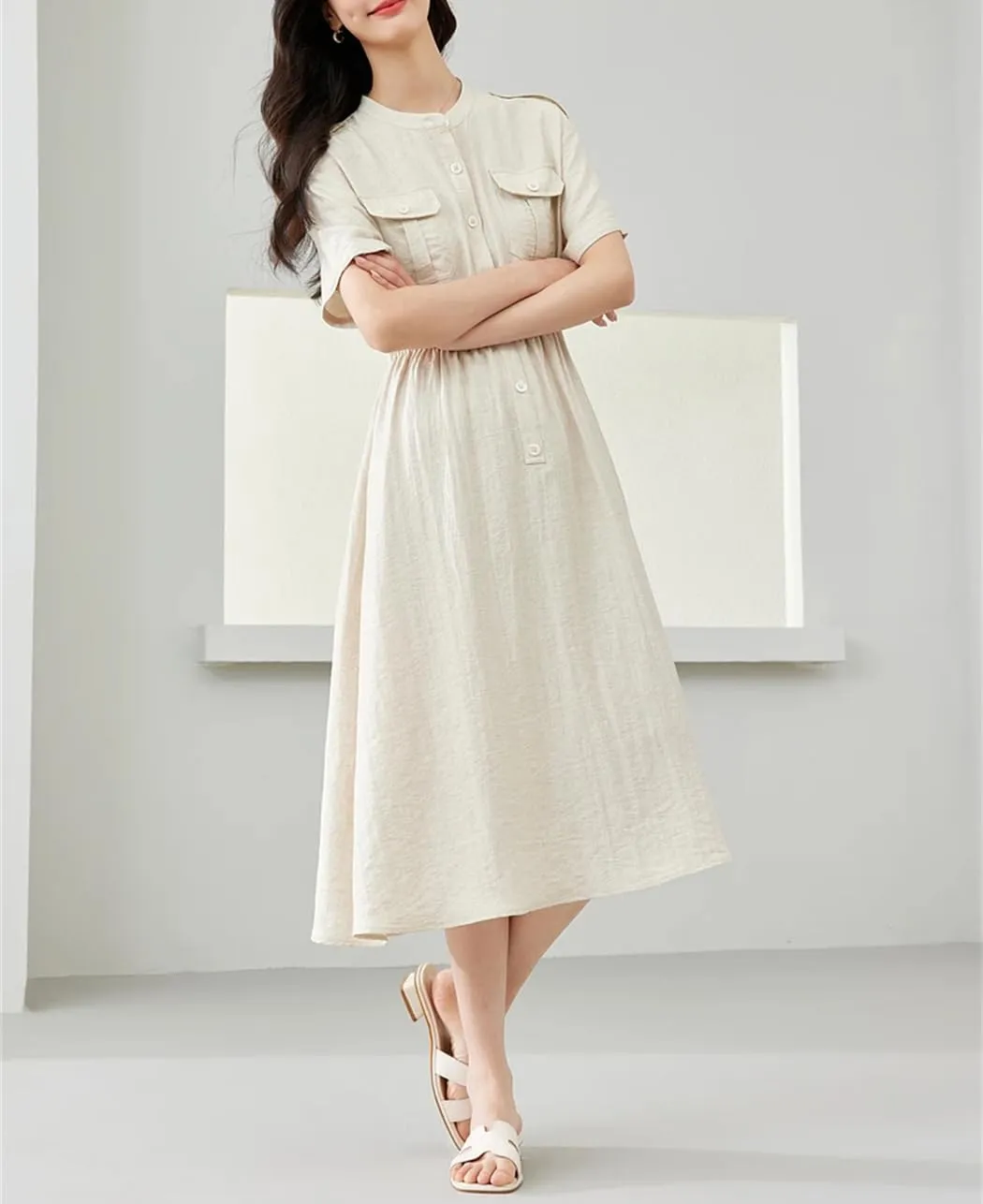 Women Summer Solid Dress Round Neck Casual Lady Office Midi A-Line Elastic Waist Dresses