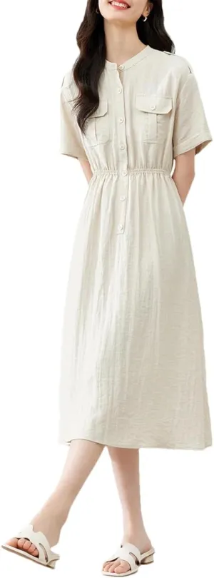 Women Summer Solid Dress Round Neck Casual Lady Office Midi A-Line Elastic Waist Dresses
