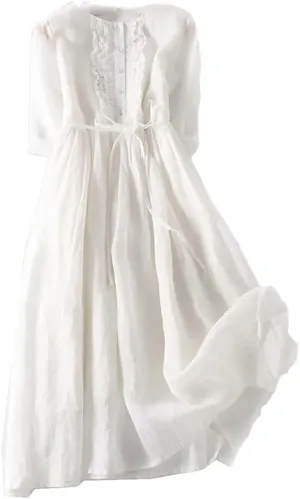 Women Summer Vintage Cotton Linen Loose Shirt Dress Short-Sleeved Mid-Length Tunic Holiday Robe
