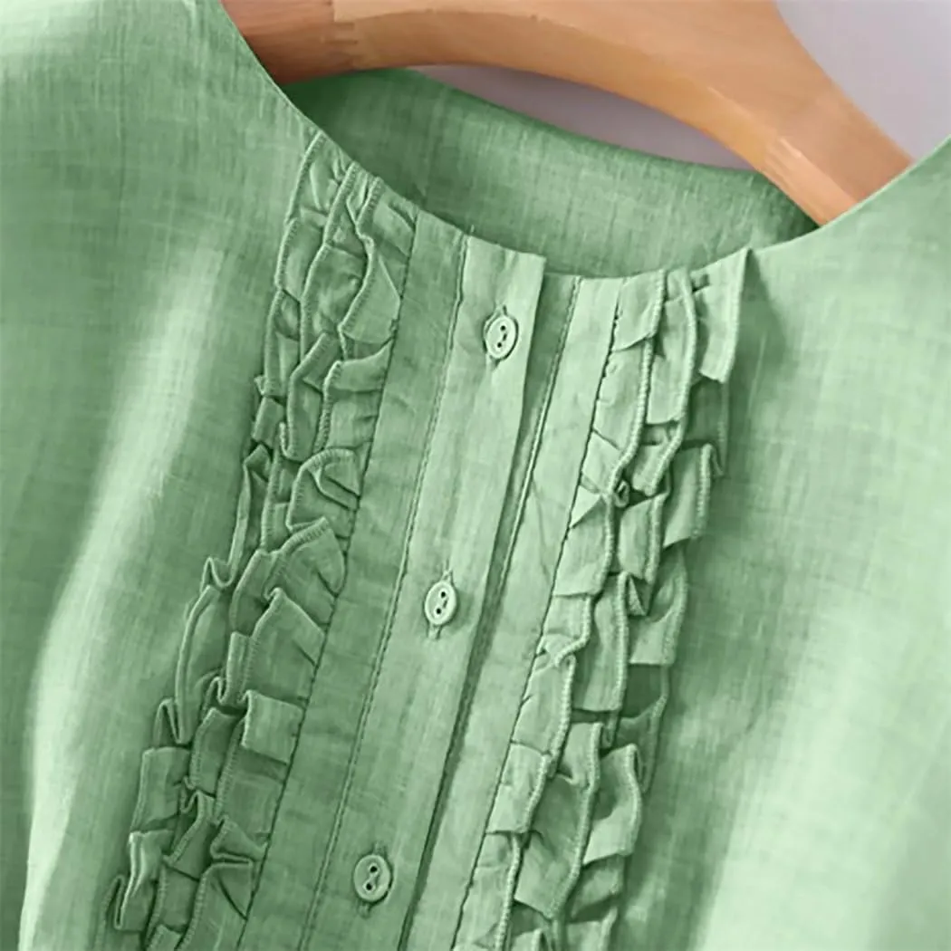 Women Summer Vintage Cotton Linen Loose Shirt Dress Short-Sleeved Mid-Length Tunic Holiday Robe