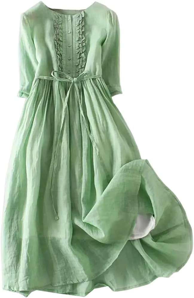 Women Summer Vintage Cotton Linen Loose Shirt Dress Short-Sleeved Mid-Length Tunic Holiday Robe