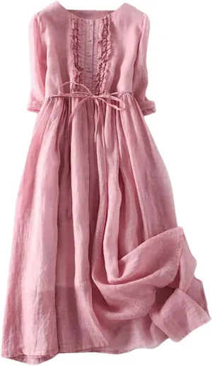 Women Summer Vintage Cotton Linen Loose Shirt Dress Short-Sleeved Mid-Length Tunic Holiday Robe