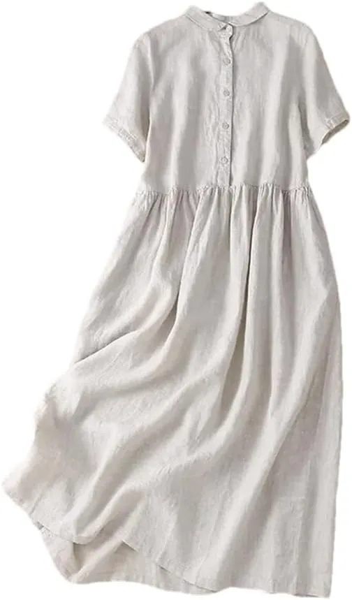 Women Summer Vintage Solid Cotton Midi Shirt Dresses Beach Swing Vacation Flowy Dress