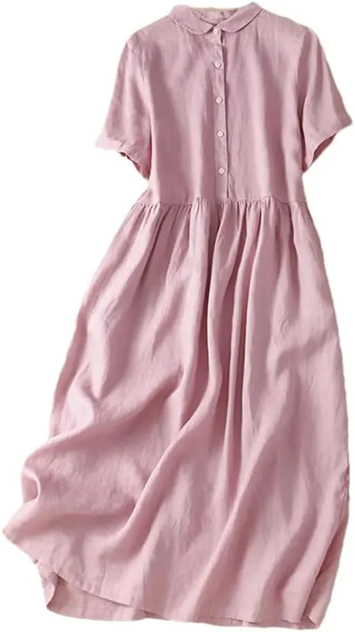 Women Summer Vintage Solid Cotton Midi Shirt Dresses Beach Swing Vacation Flowy Dress