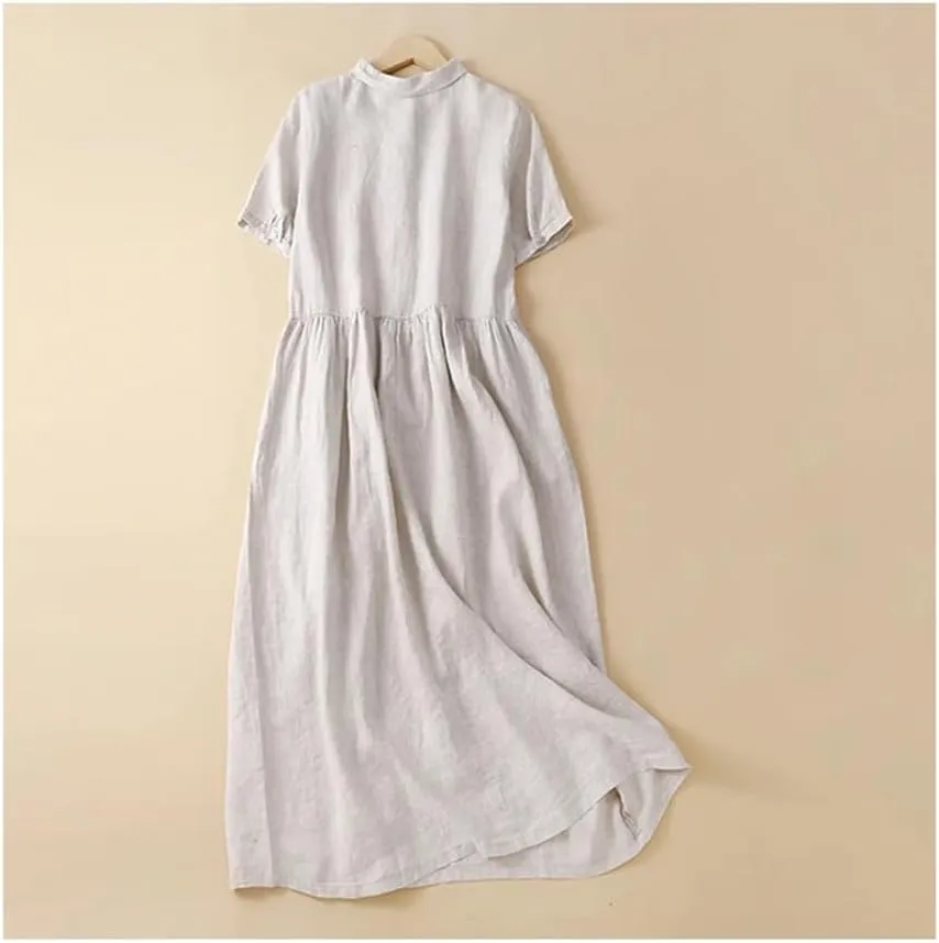 Women Summer Vintage Solid Cotton Midi Shirt Dresses Beach Swing Vacation Flowy Dress