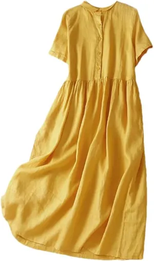 Women Summer Vintage Solid Cotton Midi Shirt Dresses Beach Swing Vacation Flowy Dress