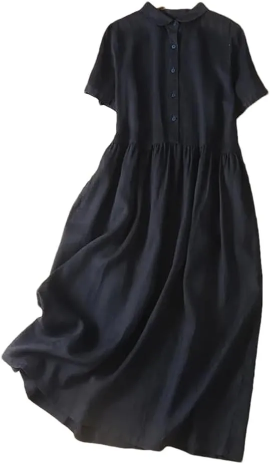 Women Summer Vintage Solid Cotton Midi Shirt Dresses Beach Swing Vacation Flowy Dress