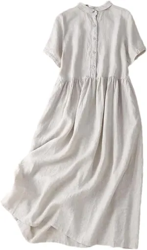 Women Summer Vintage Solid Cotton Midi Shirt Dresses Beach Swing Vacation Flowy Dress