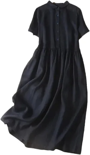 Women Summer Vintage Solid Cotton Midi Shirt Dresses Beach Swing Vacation Flowy Dress