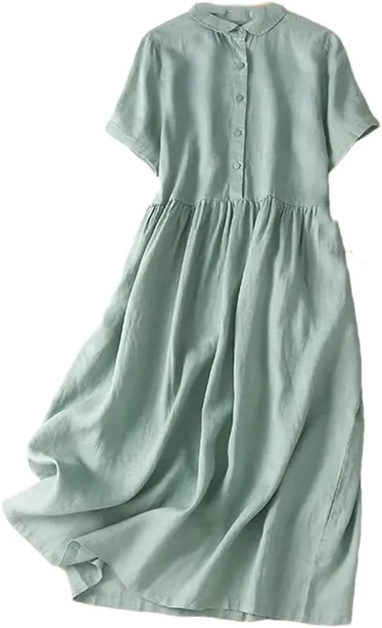 Women Summer Vintage Solid Cotton Midi Shirt Dresses Beach Swing Vacation Flowy Dress