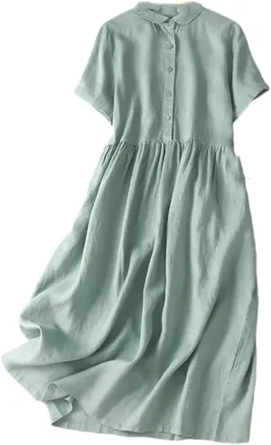 Women Summer Vintage Solid Cotton Midi Shirt Dresses Beach Swing Vacation Flowy Dress