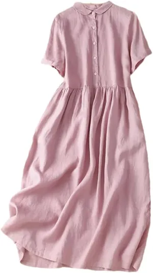 Women Summer Vintage Solid Cotton Midi Shirt Dresses Beach Swing Vacation Flowy Dress