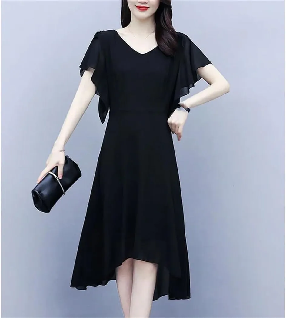 Women V-Neck Solid Color Loose Ruffles Asymmetrical Midi Dress Summer Office Lady Irregular Dress