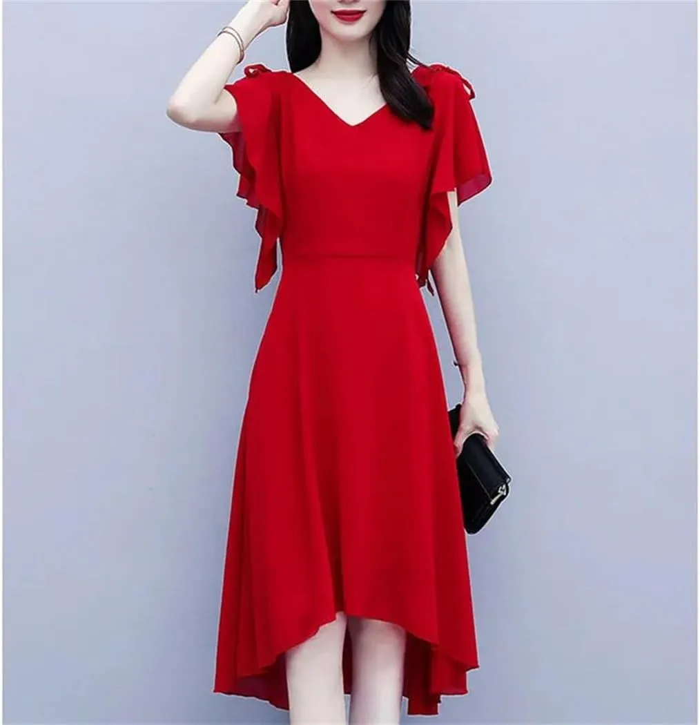 Women V-Neck Solid Color Loose Ruffles Asymmetrical Midi Dress Summer Office Lady Irregular Dress