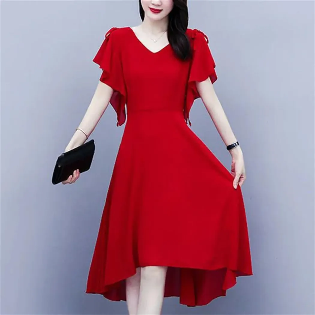 Women V-Neck Solid Color Loose Ruffles Asymmetrical Midi Dress Summer Office Lady Irregular Dress