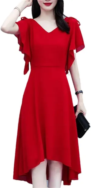 Women V-Neck Solid Color Loose Ruffles Asymmetrical Midi Dress Summer Office Lady Irregular Dress