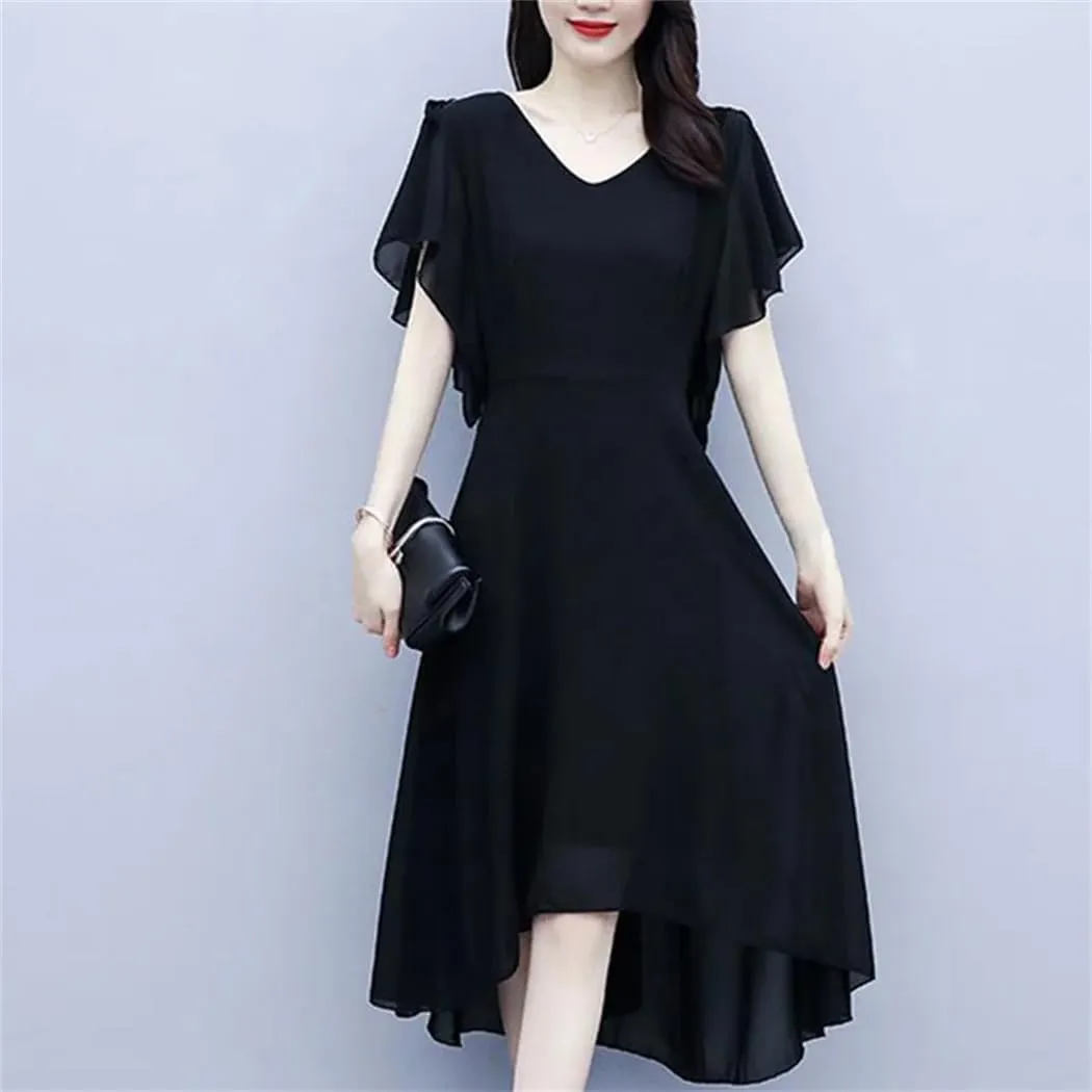Women V-Neck Solid Color Loose Ruffles Asymmetrical Midi Dress Summer Office Lady Irregular Dress