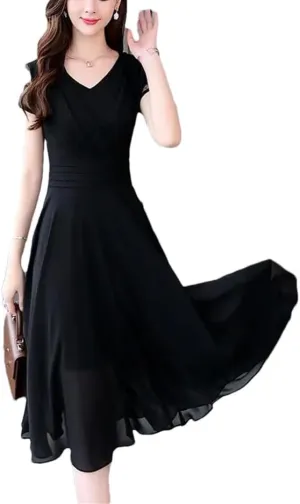 Women V-Neck Spliced Solid Color Folds Chiffon Party Dress Summer Loose Short Sleeve Elegant Dress