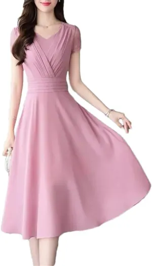 Women V-Neck Spliced Solid Color Folds Chiffon Party Dress Summer Loose Short Sleeve Elegant Dress