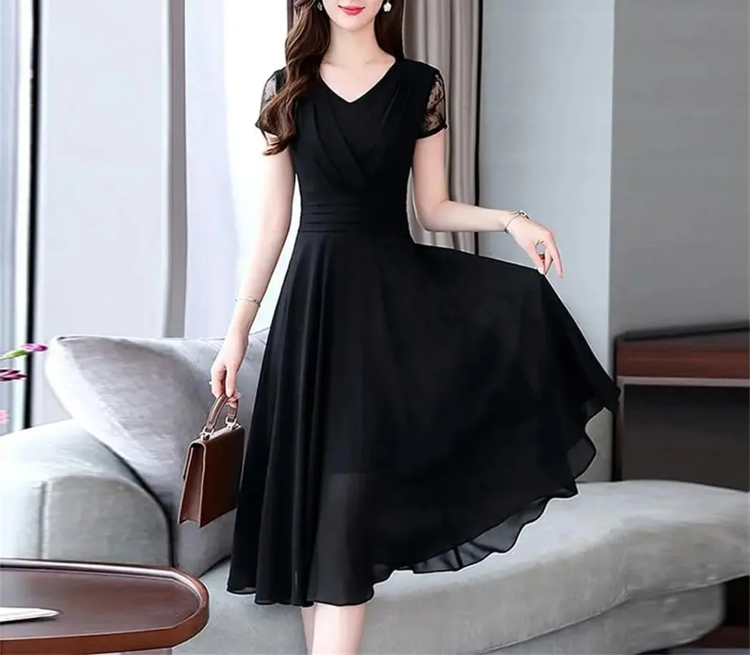 Women V-Neck Spliced Solid Color Folds Chiffon Party Dress Summer Loose Short Sleeve Elegant Dress