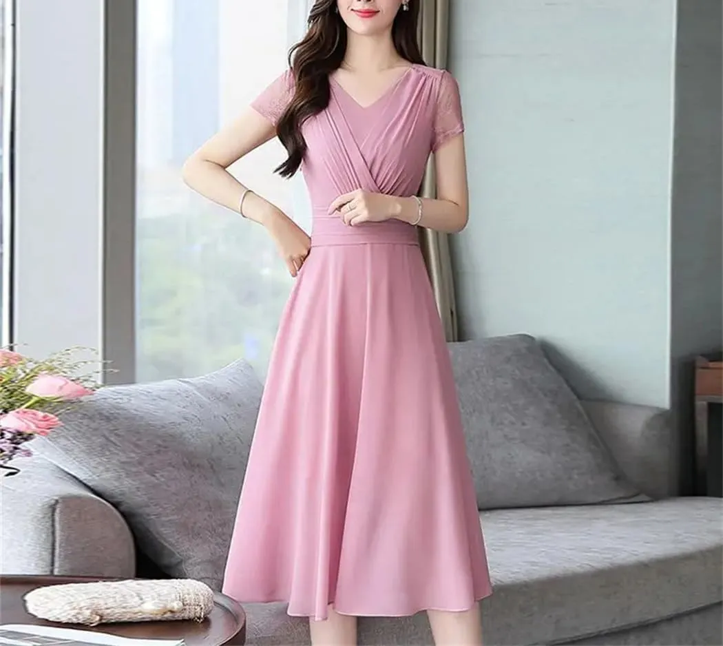 Women V-Neck Spliced Solid Color Folds Chiffon Party Dress Summer Loose Short Sleeve Elegant Dress