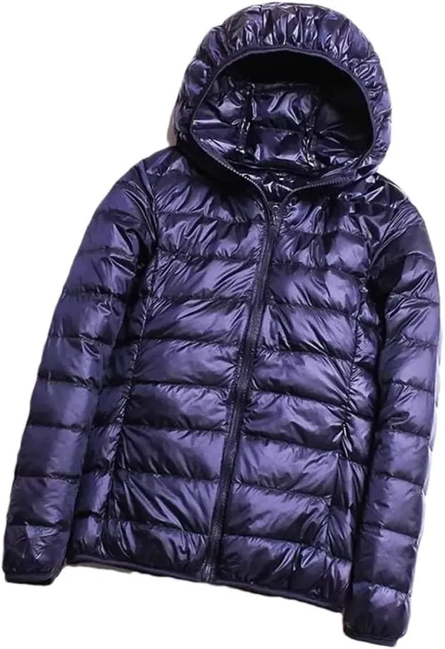 Women Winter Duck Down Jackets Slim Fit Bubble Coat Zipper Warm Puffer Jacket With Hood Navy Blue 2XL