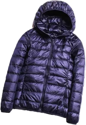 Women Winter Duck Down Jackets Slim Fit Bubble Coat Zipper Warm Puffer Jacket With Hood Navy Blue 2XL