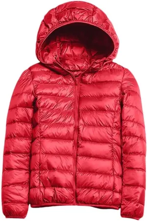 Women Winter Duck Down Jackets Slim Fit Bubble Coat Zipper Warm Puffer Jacket With Hood Red 3XL