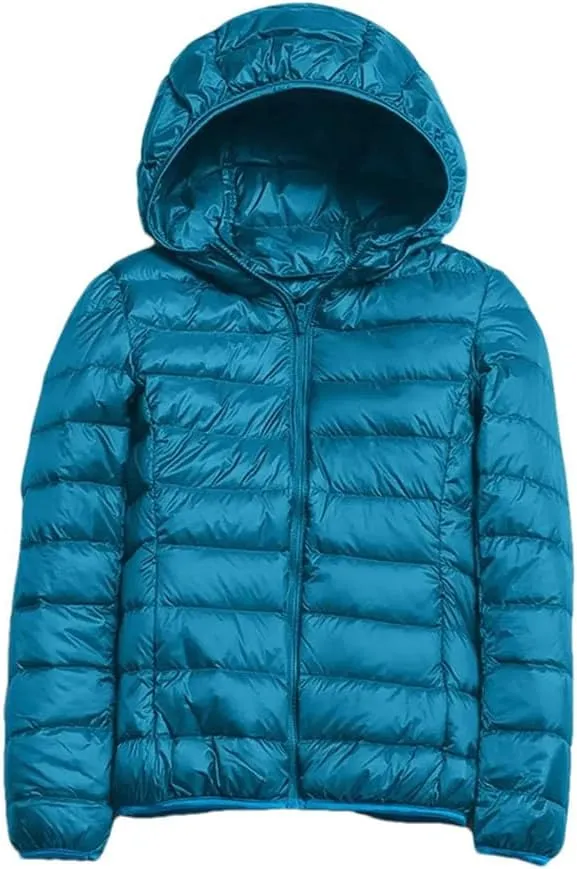 Women Winter Duck Down Jackets Slim Fit Bubble Coat Zipper Warm Puffer Jacket With Hood SKY BLUE 2XL