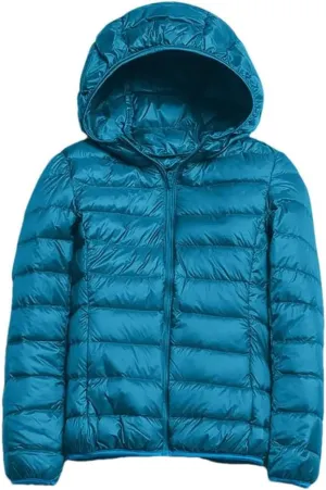 Women Winter Duck Down Jackets Slim Fit Bubble Coat Zipper Warm Puffer Jacket With Hood SKY BLUE 2XL