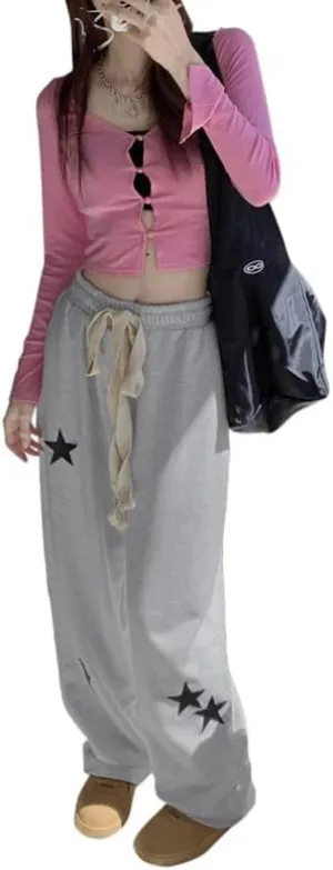 Women Y2K Star Print Sweatpants Low Waist Baggy Pants Straight Wide Leg Loose Jogger Trousers Hip Hop Pant Streetwear