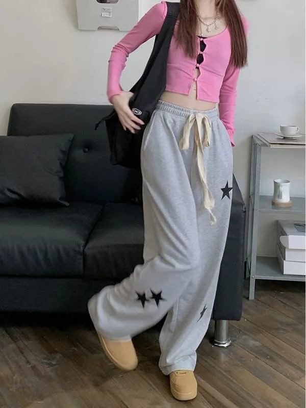 Women Y2K Star Print Sweatpants Low Waist Baggy Pants Straight Wide Leg Loose Jogger Trousers Hip Hop Pant Streetwear