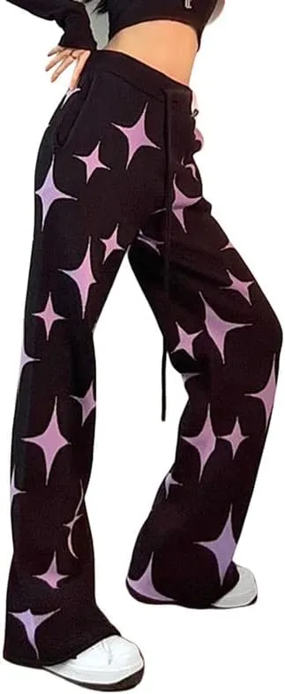 Women Y2K Star Print Sweatpants Low Waist Baggy Pants Straight Wide Leg Loose Jogger Trousers Hip Hop Pant Streetwear
