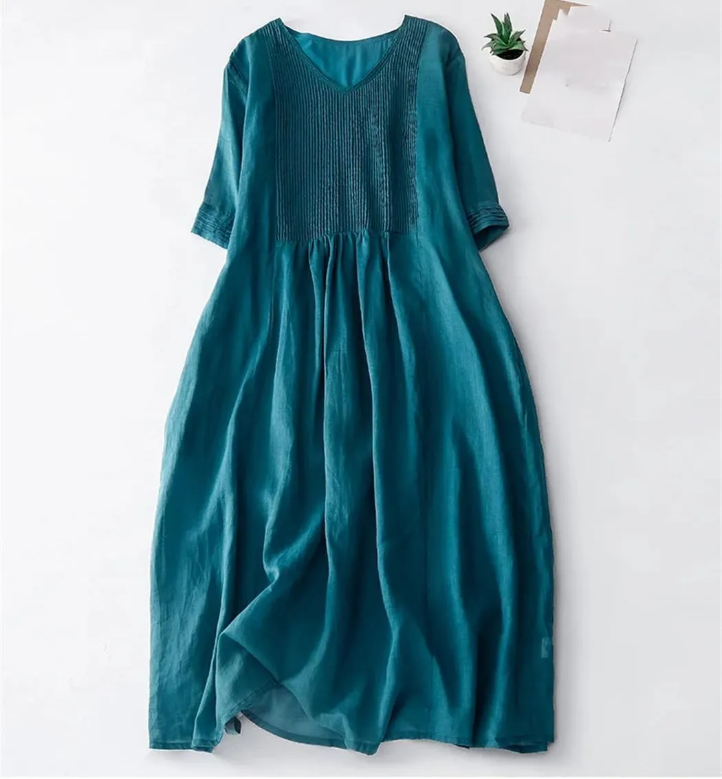Womenn Summer Solid Color V-Neck Linen Casual Short Sleeve V Neck Slim Maxi Pleated Dress