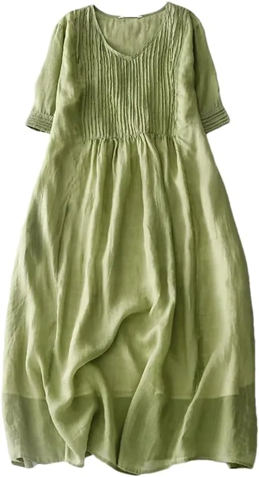Womenn Summer Solid Color V-Neck Linen Casual Short Sleeve V Neck Slim Maxi Pleated Dress